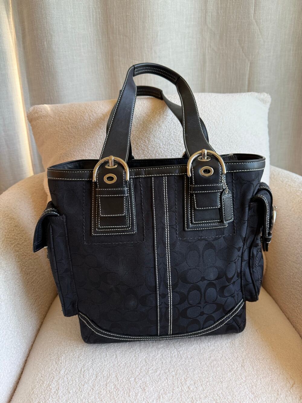 Coach Soho Tote Bag Women's Black Canvas Casual Signature Monogram Multi Pocket